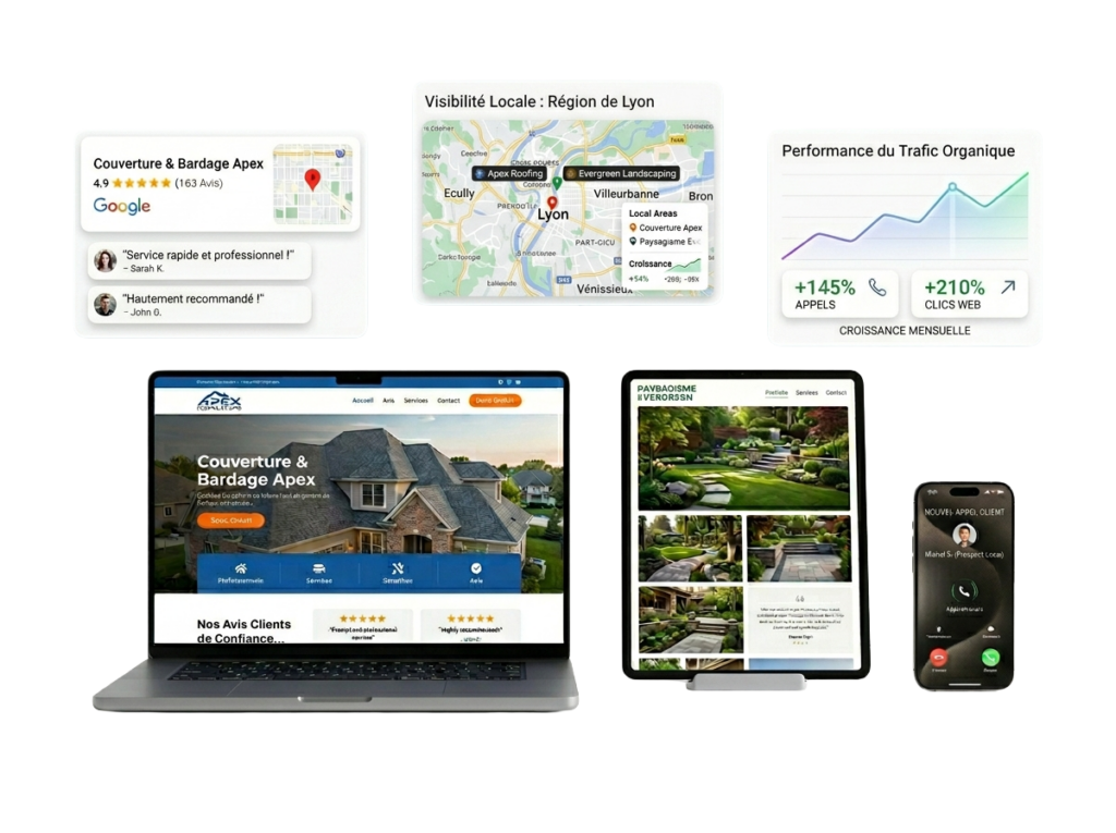 Écosystème de visibilité locale Zocle pour TPE/PME avec site internet vitrine sur ordinateur, tablette et smartphone, fiche Google Business Profile optimisée et statistiques d'appels clients.